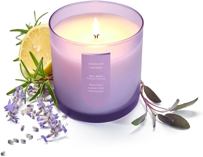 CUE Scented Candle |MoodBoost Essential Oils |OpenWick Clean Burning Candle | Soy Coconut Wax Blend | Candle for Home | Self-Care Gift for Women |Extended Burn Time (8.5oz, Lemon and Lavender)