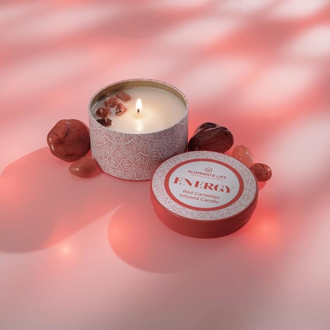 Luxury Candle Tin, 6 OZ, Energy - Red Carnelian Healing Crystal Infused - Scents of Lemon, Grapefruit, & Bergamot - Passion, Confidence, & Vitality - Coconut Wax, Essential Oil