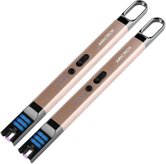 ARECTECH Electric Candle Lighter Rechargeable USB Long Gill Lighter for Candle Cooking Camping BBQs Fireworks (Gold&Gold, Pack of 2)