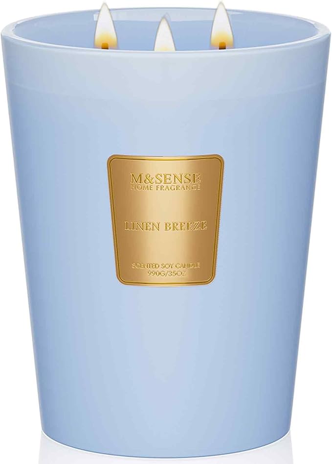 M&SENSE Linen Breeze Soy Candle, 35oz 3-Wick 150H, Large Fresh Clean Natural Scented Candles, Summer Scented Room Freshener, Housewarming Gift