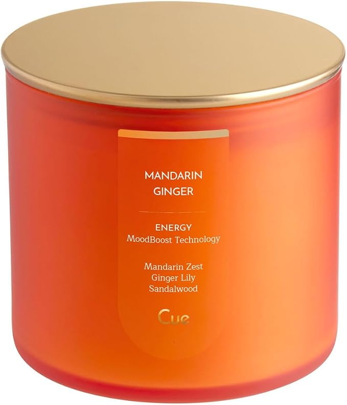 CUE Scented Candle |MoodBoost Essential Oils |OpenWick Clean Burning Candle | Soy Coconut Wax Blend | Candle for Home | Gift |Extended Burn Time (14oz, Mandarin Ginger)