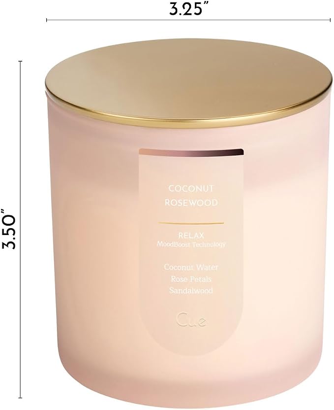 CUE Scented Candle |MoodBoost Essential Oils |OpenWick Clean Burning Candle | Soy Coconut Wax Blend | for Home | Mother's Day Candle Gift |Extended Burn Time (8.5oz, Coconut Rosewood)