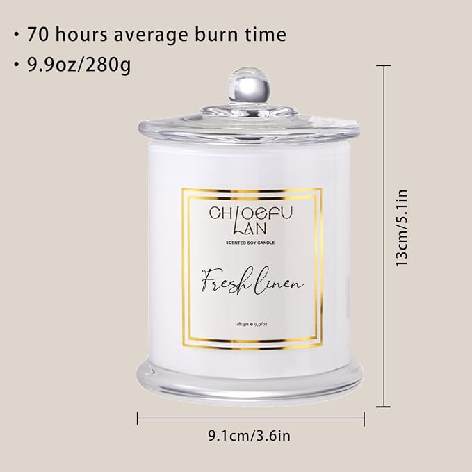 White Linen Candles, Luxury Scented Soy Jar Bathroom Candle, Highly Fragranced, Odor Eliminating Candles for Home, Air Freshing Soy Candle, White Glass Jar, Essential Oils, 75 Hours 10 oz
