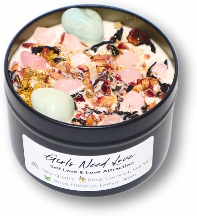 BlkGrlMagick Rose Quartz Self Love Manifestation Crystal Candle, Sea Salt and Orchid Scented Amazonite,Rose Petals, Hibiscus, Organic Soy Candles, Handmade, Black Owned Spiritual Gifts (8oz Tin)