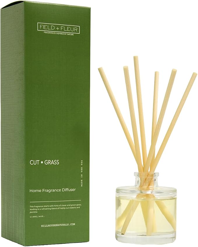Field + Fleur - Reed Diffuser Set - Home Fragrance Diffuser - Refresh Home, Bedrooms, Bathrooms & More - Notes of Clover, Green Grass, Wisteria & Jasmine - Made in the USA - Cut Grass Scent - 4 oz