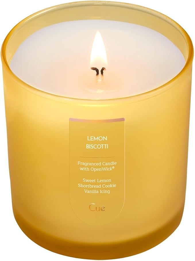 CUE Scented Candle | OpenWick Clean Burning | Soy Coconut Wax Blend | Spring | Summer | Clean Burning | Gift | Extended Burn Time (8.5oz, Lemon Biscotti)