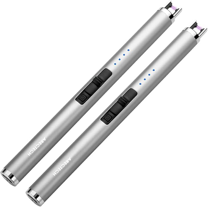 ARECTECH Rechargeable Electric Candle Lighter, Christmas Stocking Stuffers Gifts for Mom Men Wife, Arc Plasma Windproof Lighter for Candle Kitchen Birthday with Type-C Cable, Silver 2 Pack