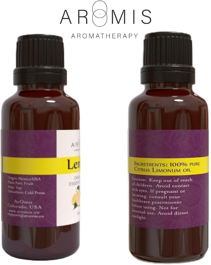 ArOmis Organic Lemon Essential Oil - 100% Pure Therapeutic Grade - Undiluted, Premium Oil - 150 Micron Filtered, Perfect for Aromatherapy Diffusers (30ml / 1 fl oz)