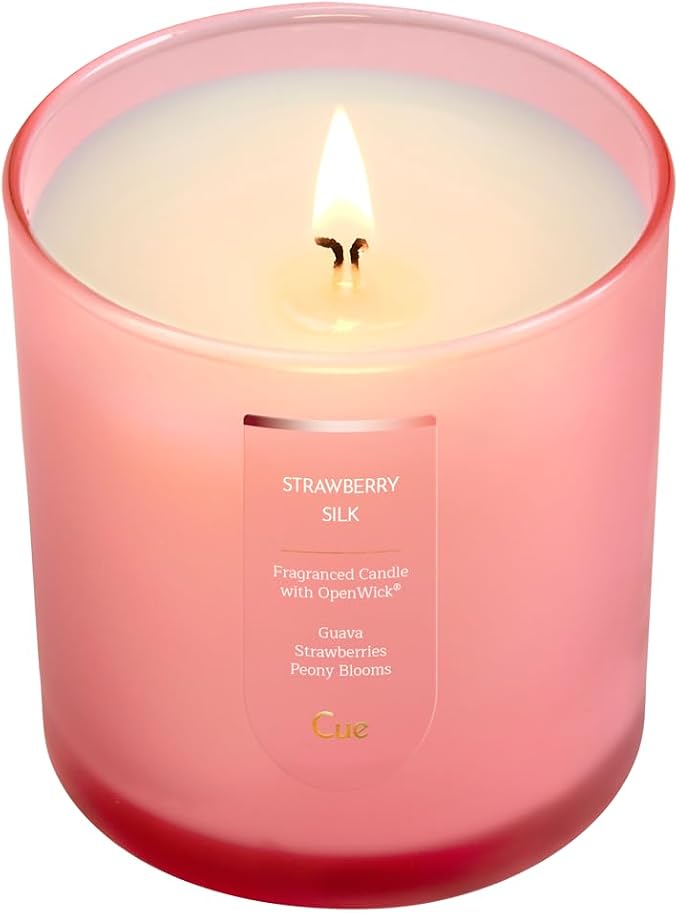 CUE Scented Candle | OpenWick Clean Burning | Soy Coconut Wax Blend | Spring | Summer | Clean Burning | Gift | Extended Burn Time (8.5oz, Strawberry Silk)