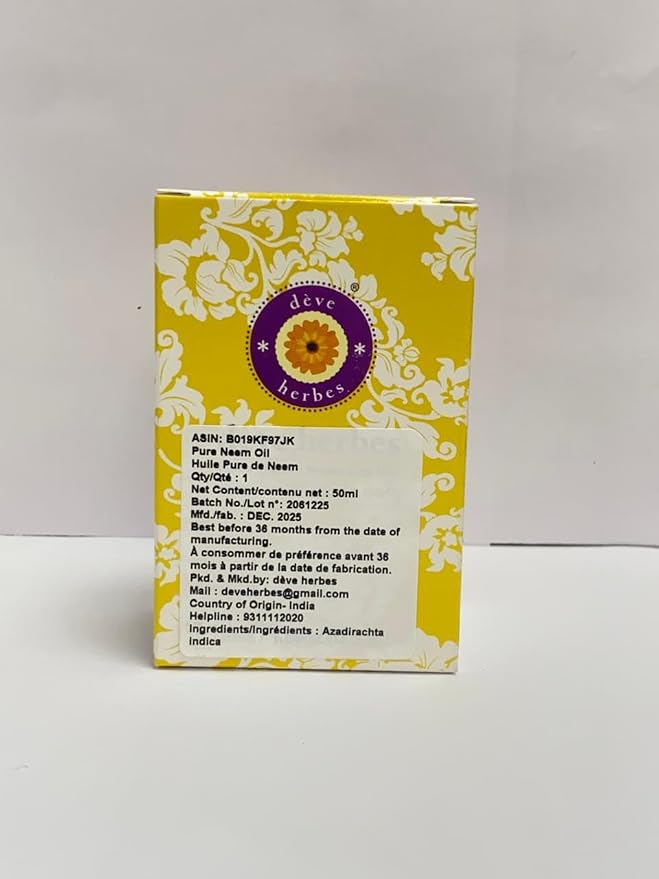 Deve Herbes Neem Oil (Azadirachta Indica) | Cold Pressed | Pure | Natural | Undiluted | For Diluting Essential oils | For Hair, Skin & Massage | Non-Sticky| Lightweight| Men & Women | 50ml (1.69 oz)