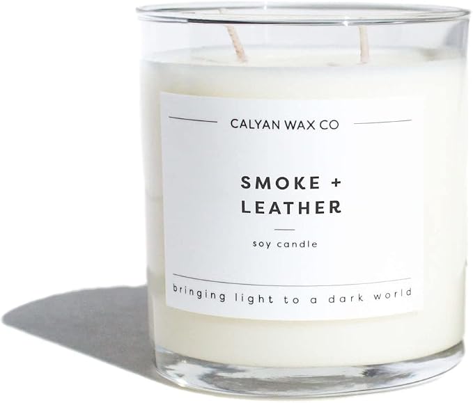 Calyan Wax Co. Smoke & Leather 2 Wick Scented Candle - 37 Hour Burn - Luxury Clean Soy Wax Candles - Long Lasting Large Glass Jar Candle for Home - 8.8oz