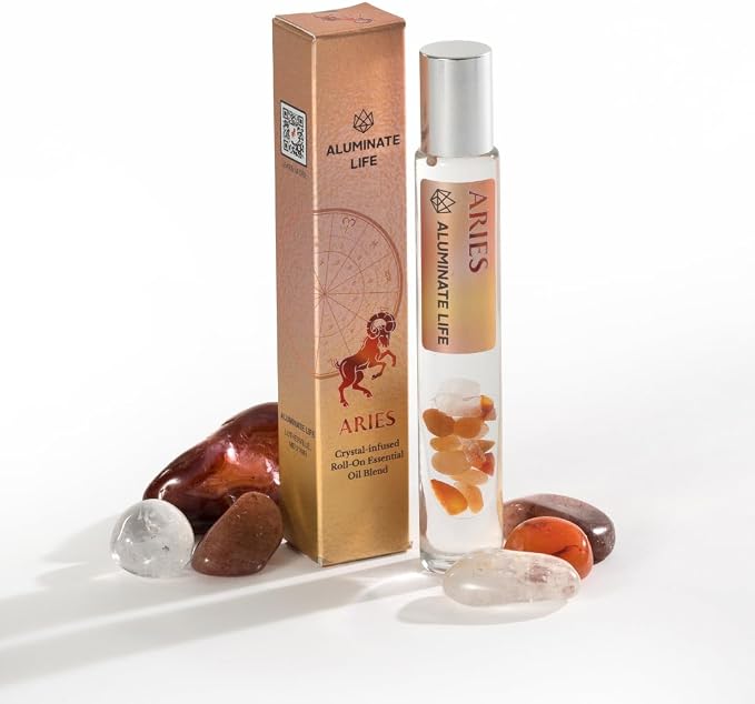 Aries Zodiac Crystal-Infused Essential Oil Rollerball, Aromatherapy Blend - Focus & Motivation, Premium Astrology Sign Birthday Gift, Natural Therapeutic Roller, 10 mL