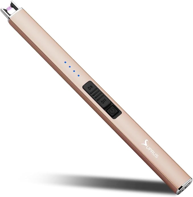 SUPRUS Electric Lighter Arc Windproof Flameless USB Rechargeable Lighter with Safety Lock for Candle BBQ Camping (Champagne Gold)