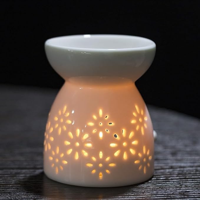Ceramic Wax Melter for Scented Wax Melts and Essential Oils, Flower and Love Pattern Diffuser Burner with Spoon and Tray, Heat Resistant Warmer for Home Office Decor Night Light(flower)