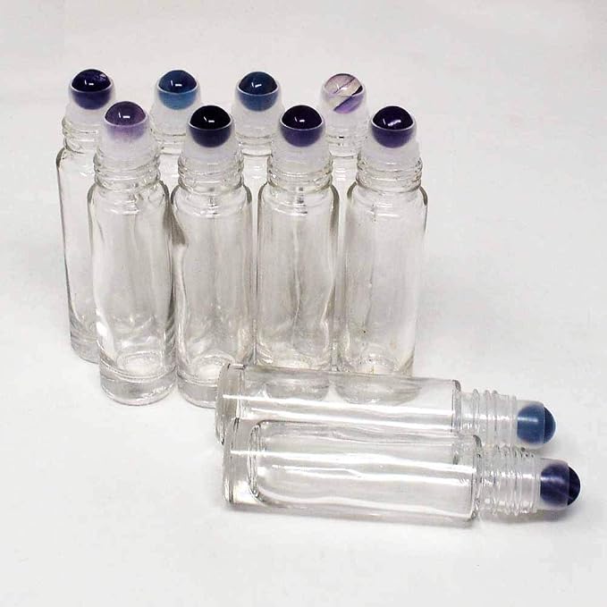 fengshuisale 10pcs Clear 10ml Empty Refillable Glass Bottles with Crystal Semiprecious Stones Essential Oil Gemstone Roller Ball Bottles with Silver Lid with Free Bag W3900 (Fluorite)
