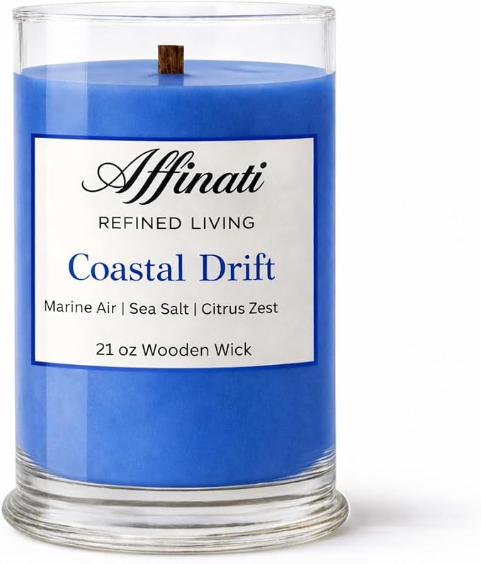 Affinati Coastal Drift Large Scented Candle, 21 oz Wooden Wick Tumbler – Premium Long Lasting Ocean Scented Fragrance, Large Room Soy Blend Candle