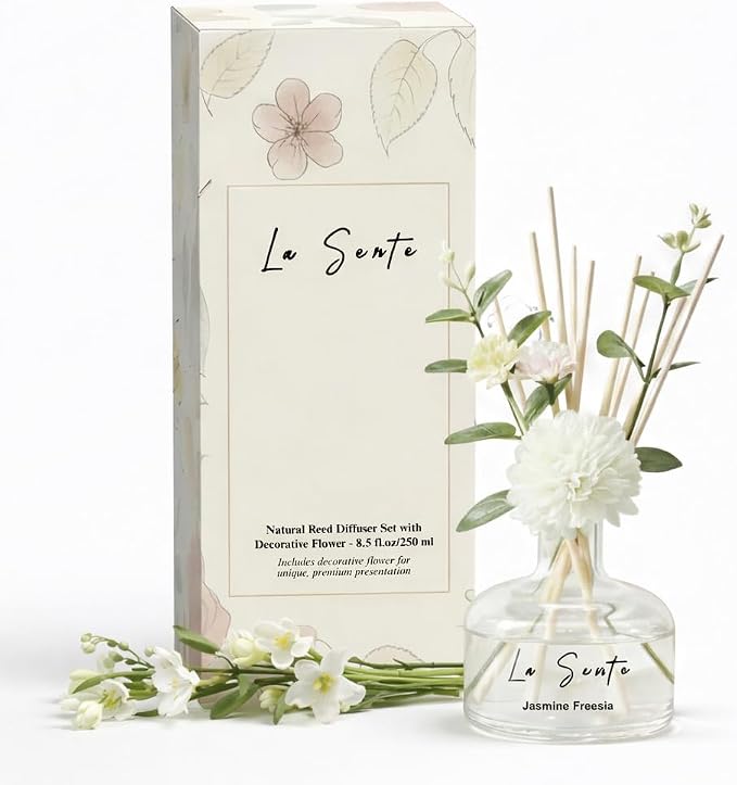 Reed Diffuser Set, Jasmine Freesia Scent, 8.5 fl oz / 250ml | 250 ml Glass Bottle, Decorative Flower & Natural Reeds, Flameless Home Fragrance, For Bathroom Bedroom Office