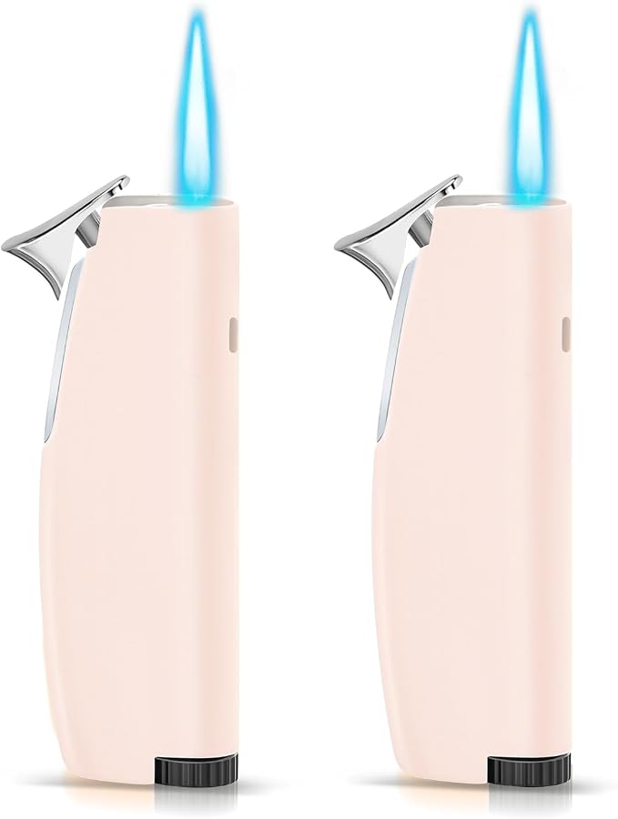 Women's Mini Butane Torch Lighter, Windproof Jet Flame Refillable Adjustable Candle Lighter for BBQ, Camping, Daily Use, Ideal Gift, 2 Pack (Light Pink, Butane Not Included)
