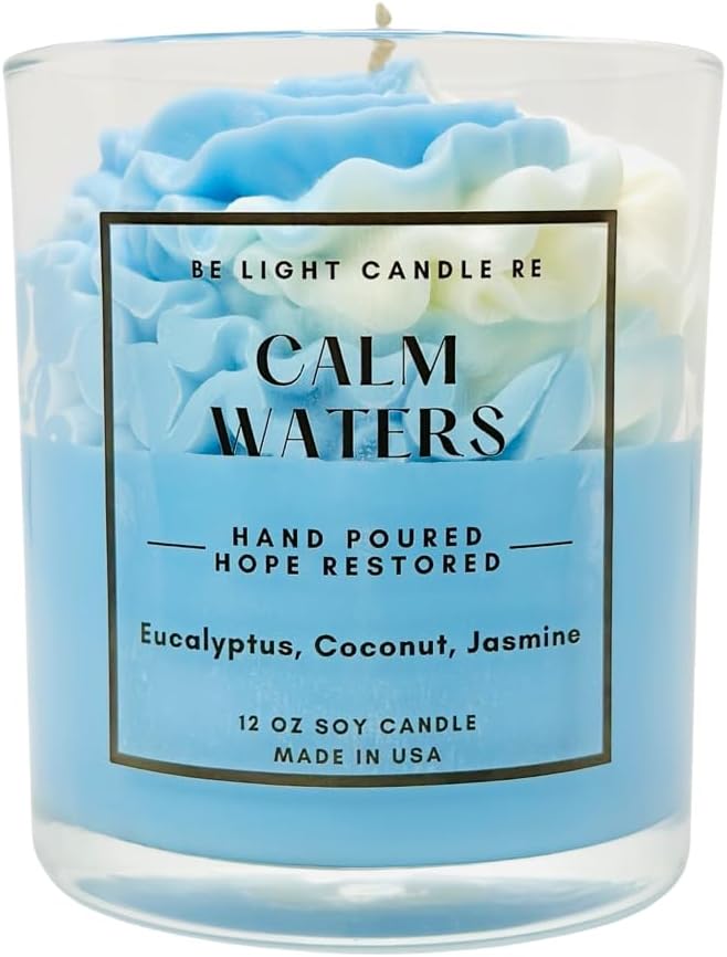 Coastal Beach Candle | Purpose-Driven Soy 12oz Scented Non-Toxic | Gifts for Women | Blue Aesthetic | Decorative Cute Candle | Be Light Candle RE (Calm Waters)
