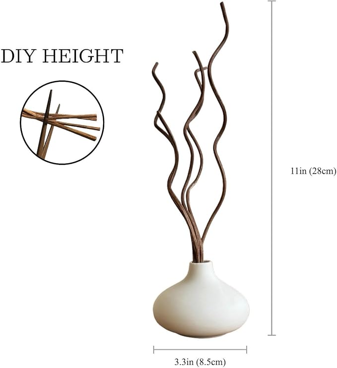 White Ceramic Vase, DIY Empty Reed Diffuser Bottle with Wavy Brown Rattan Sticks for Essential Oils, Set of 2, Aromatherapy, Modern Minimal Decor