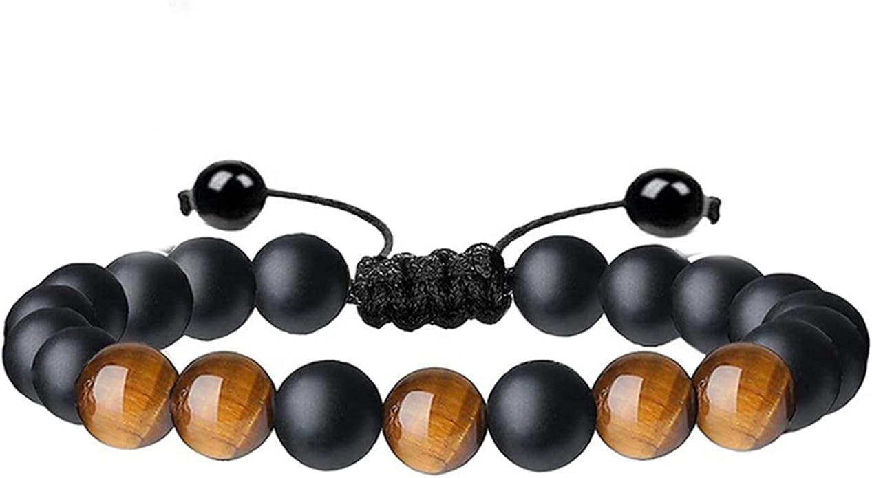 3Pcs Handmade Tiger Eye Braide Rope Bead Bracelet Set Adjustable Cord Volcanic Lava Rock Stone Essential Oil Diffuser Bracelet for Men Stress Anxiety Relief Protection Jewelry