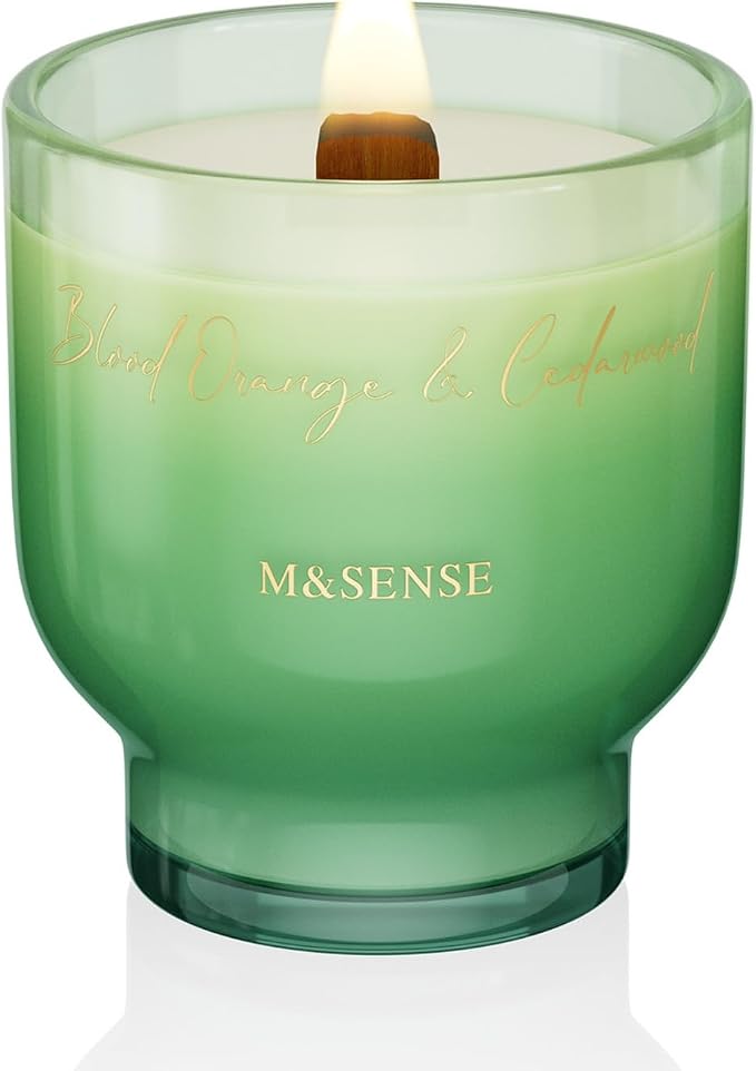 M&SENSE 9.9oz Natural Soy Wax Jar Candle with Wooden Wick | Blood Orange & Cedarwood Scent | 55-Hour Burn & Long-Lasting Burn | Housewarming Gift for Men and Women