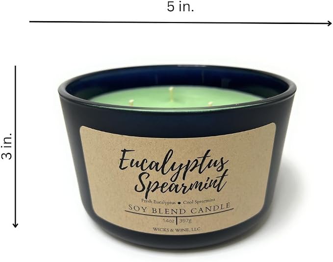 Wicks & Wine Soy Blend 3-Wick Cotton CORE Candle 14oz (Eucalyptus Spearmint)