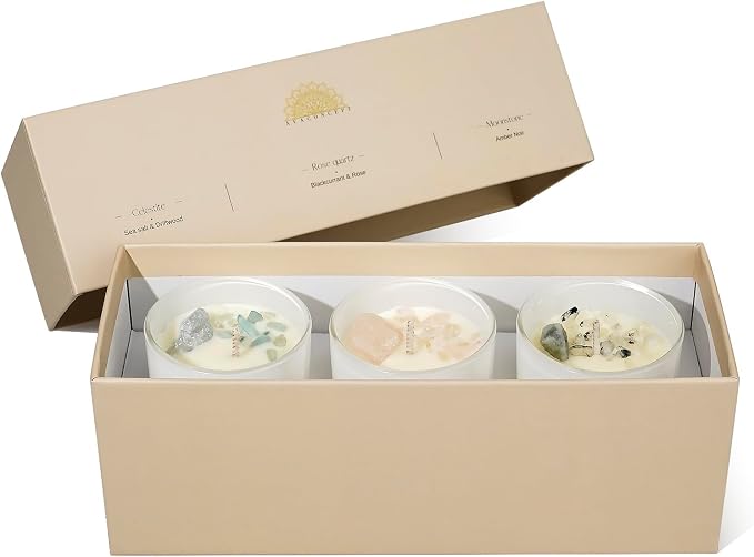 AvaConcept Healing Crystal Candle Gift Set – Set of 3 Celestite, Rose Quartz & Moonstone Hand-Poured Soy Wax Sea Salt Driftwood, Blackcurrant Rose & Amber Noir Aromatherapy Scents Premium Gift Box
