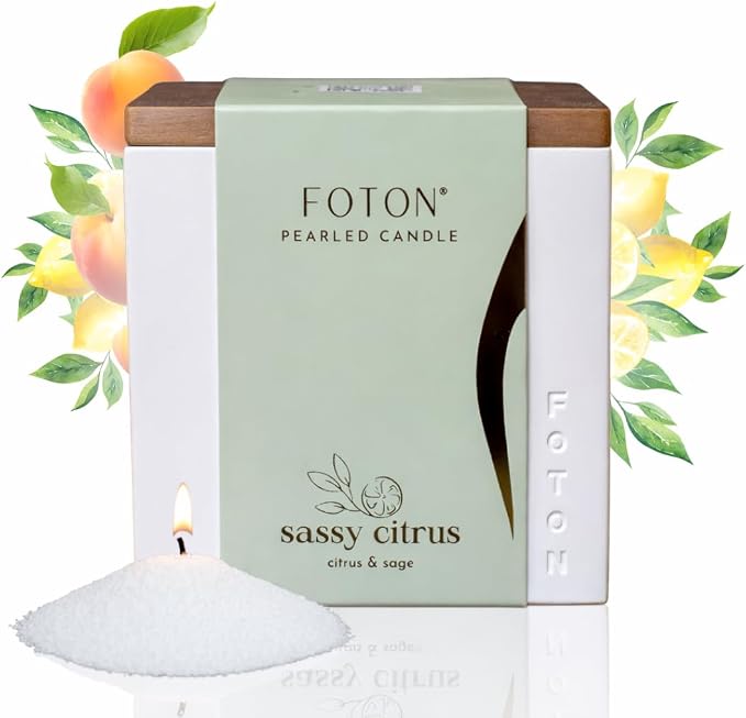 Foton Pearled Candle Le Cube Concrete Vase Set 16 Oz Square - Sassy Citrus Scented - Refillable Jar Scented Candle Sand Wax with 15 Wicks - Natural Non-Toxic Decorative Candles for Home