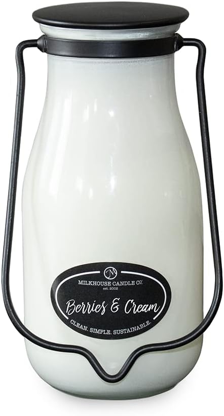 Milkhouse Candle Company Berries & Cream Soy Candle - Raspberry | Blueberry | Sugarcane Scented - 14 oz Milkbottle with Lid, 90+ Hour Burn Time, Made in the USA