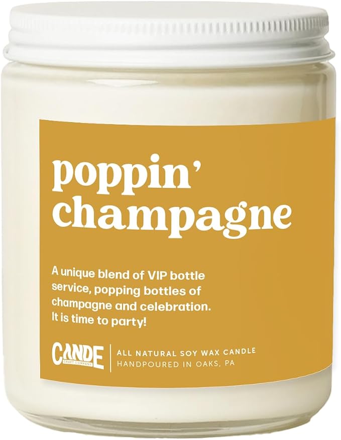 CANDE Craft Poppin Champagne Scented Candle - Gift for Coworker, Funny Gift for Her, 8 oz Glass Jar Candle, 50+ Hour Burn Time, Made in The USA