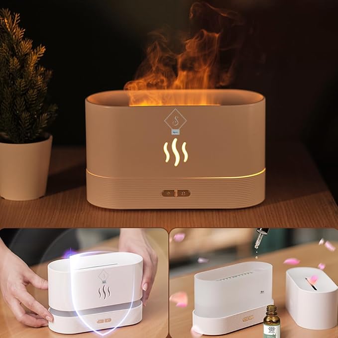 Essential Oil Diffuser, Humidifier with 7 Colors Flame Light, Portable, noiseless,180ml Air Humidifiers for Bedroom, Home, Office-Portable, Auto-Off Aromatherapy Diffuser with Modes Fire Mist (White)