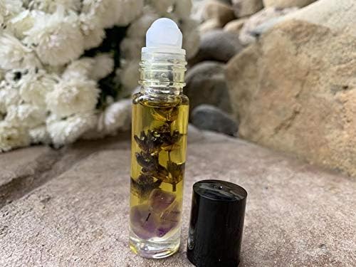 Lavender Roll On,Lavender Flowers & Amethyst Chips, Essential Oil blend, Soothing Roll On,Handmade, Pure,Jojoba Oil, Lavender Oil