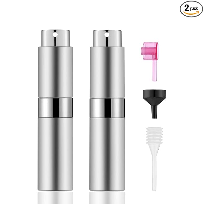 2 PCS/8ml Portable Mini Perfume Atomizer bottles, Empty Refillable Spray Bottle with 3 Types of Refill Tools, Pocket Travel Perfume Sample Bottles(Silver)