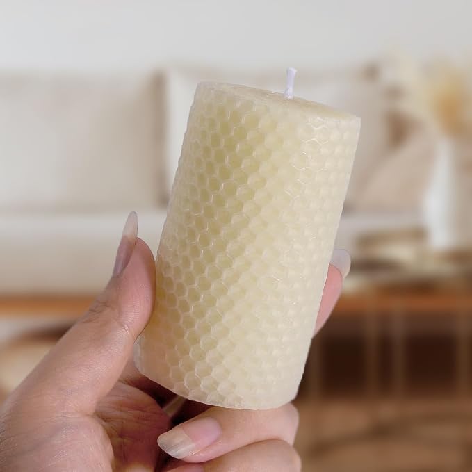 DEYBBY Cream White Beeswax Honeycomb Rolled Pillar Candles Set of 6 - Handmade Pure Organic Bees Wax Candles for Anniversary Study Decor Housewarming Gift (2×3.3 in)
