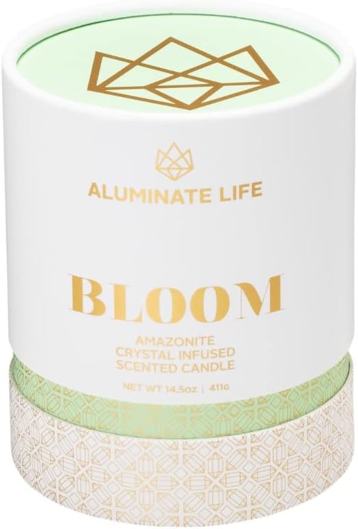 Bloom Aromatherapy Candle for Spiritual Healing, Wellness & Meditation – Amazonite Crystal-Infused with Lavender, Neroli & Jasmine – 14.5 oz Long-Burn Coconut Wax, Reusable Glass