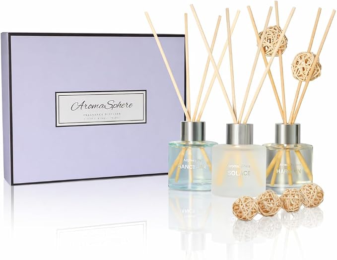 Reed Diffuser Set of 3 | Aromatherapy Fragrance Oil | 12 Sticks and 6 Rattan Balls, 3 x 50ML | Home, Office, Bathroom, Bedroom Essentials (Sea Salt, Freesia, Black Cedar & Juniper, Purple Edition)