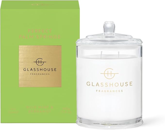 Glasshouse Fragrances Perfect Palm Springs Candle, Triple Scented Natural Soy Wax Blend, 2 Wicks & Glass Jar, 65 Hour Burn Time, Wild Mint & Bergamot, 13.4 oz. (380g)