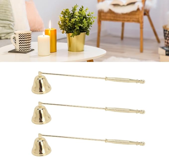 3pcsCandle Snuffer, Golden Iron Plating Bell Shaped Long Handle Candle Extinguisher for Scented Aromatherapy Tea Light Jar Candles