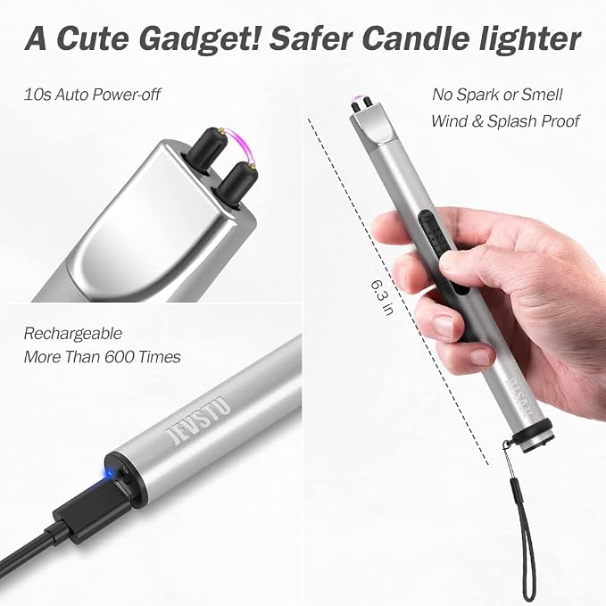 Candle Lighter, Electric Rechargeable USB, Arc Windproof Flameless Plasma Lighter Long Stick with Rope and Ring, No Butane Fluid, Perfect for Candle BBQ Camping Kitchen Stove, Silver
