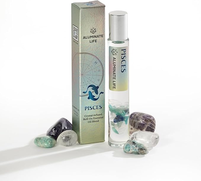 Pisces Zodiac Crystal-Infused Essential Oil Rollerball, Aromatherapy Blend - Calm & Intuition, Premium Astrology Sign Birthday Gift, Natural Therapeutic Roller, 10 mL