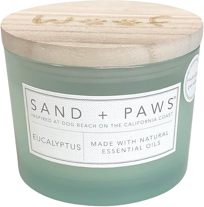 Sand + Paws Scented Candle - Eucalyptus - Additional Scents and Sizes –Luxurious Air Freshening Jar Candles Neutralize pet Odors and Enhance Home décor – 100% Cotton Lead-Free Wicks - 12 oz