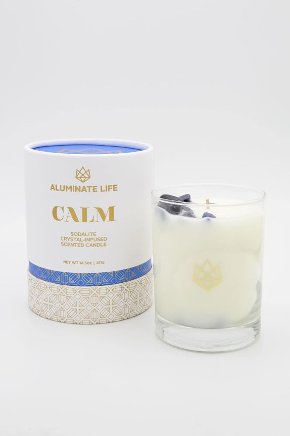 Luxury Glass Jar Candle, 14.5 OZ, Calm - Sodalite Healing Crystal Infused - Scents of Chamomile, Howood, & Sage - Destress, Insight, Serenity, & Peace - Coconut Wax, Essential Oils