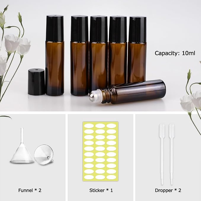 sungwoo 25 Pack Essential Oil Bottles, 10ml Amber Glass Bottles with Stainless Steel Roller Balls and Caps for Travel, Perfume and Lip Gloss