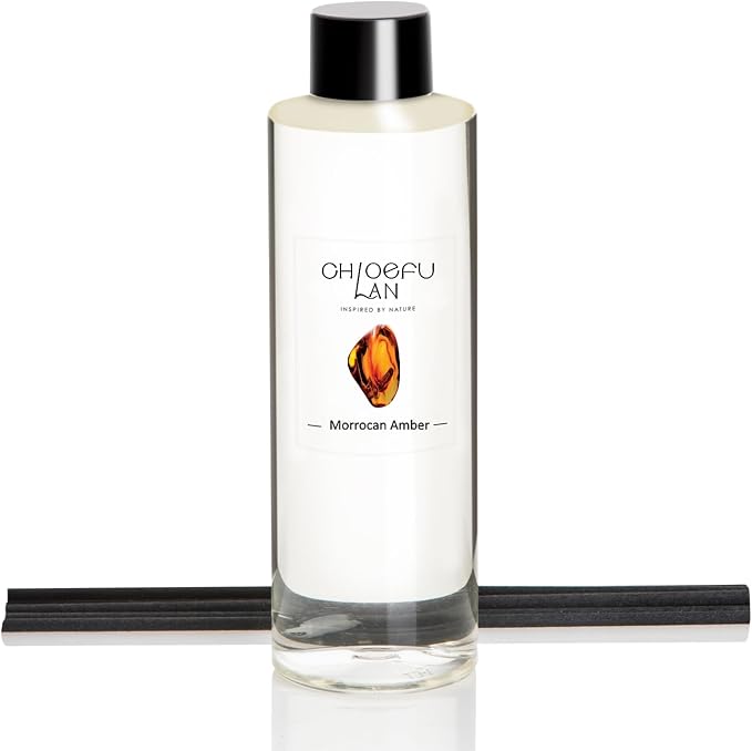 Morrocan Amber Scented Oil Diffuser Refill 6.76 fl oz Natural Essential Oil - Best for Home Bathroom Shelf Decor, 0% Alcohol, Unique Blend to Promote Sleep & Relieve Stress