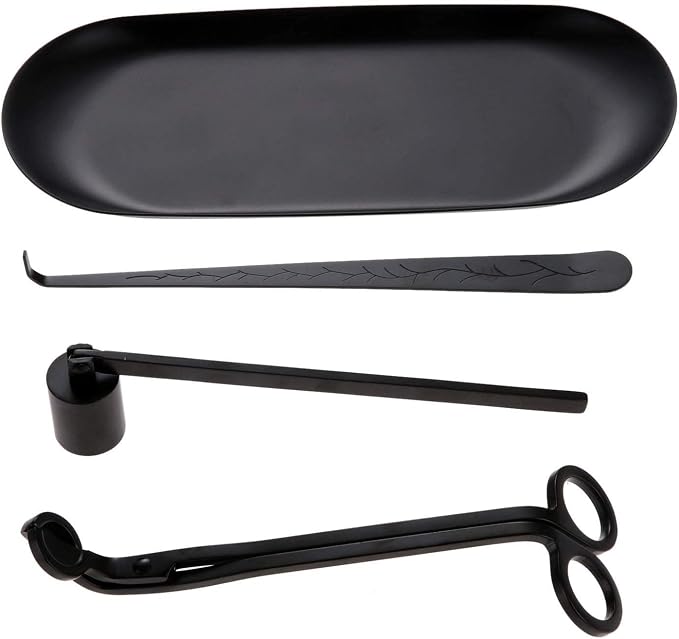 MUXSAM 4 in 1 Candle Accessory Set - Candle Wick Trimmer, Candle Wick Dipper, Candle Wick Snuffer, Storage Tray Plate, Candle Care Tools Gift for Candle Lovers Home Decoration (Black)