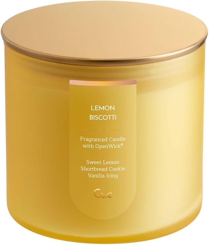 CUE Scented Candle | OpenWick Clean Burning | Soy Coconut Wax Blend | Spring | Summer | Clean Burning | Gift | Extended Burn Time (14oz, Lemon Biscotti)