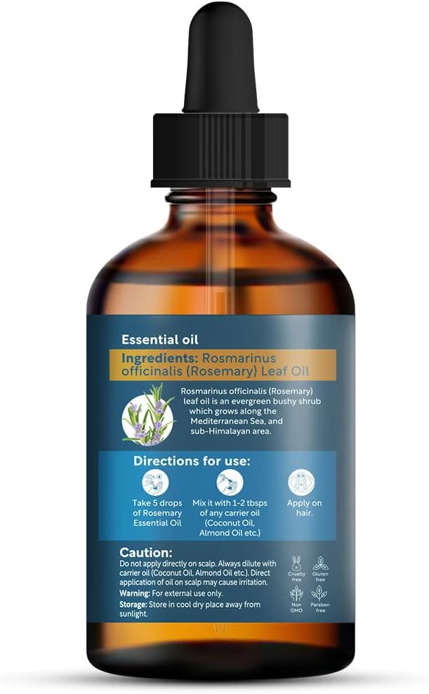 Herbsindia Rosemary Essential Oil for Hair - Huge 3.3 Fl Oz - 100% Pure - Premium Grade with Glass Dropper, Undiluted, Non-GMO