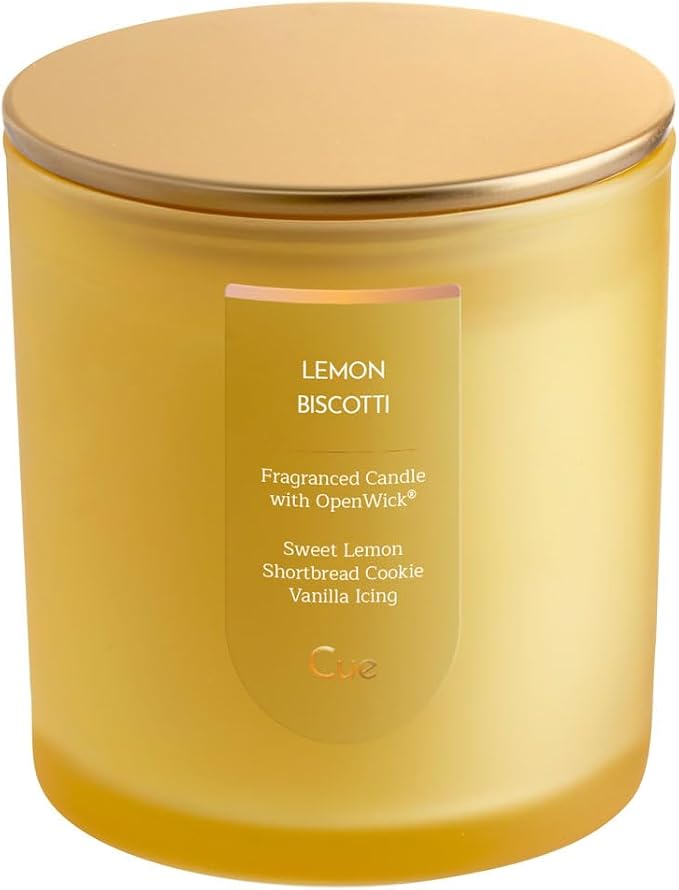 CUE Scented Candle | OpenWick Clean Burning | Soy Coconut Wax Blend | Spring | Summer | Clean Burning | Gift | Extended Burn Time (8.5oz, Lemon Biscotti)
