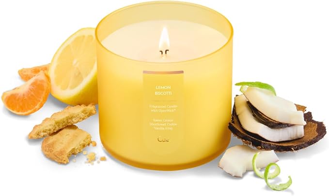 CUE Scented Candle | OpenWick Clean Burning | Soy Coconut Wax Blend | Spring | Summer | Clean Burning | Gift | Extended Burn Time (14oz, Lemon Biscotti)